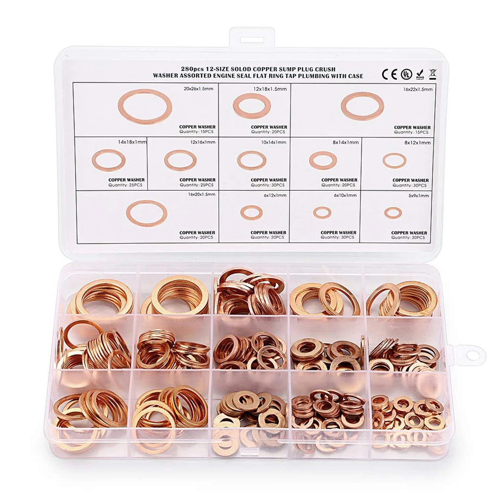 

280Pcs Kit Copper Gasket Assortment Ring Woodworking Washer Supplies