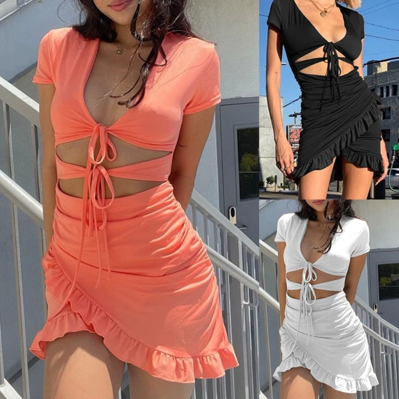 

Пикантные юбки с коротким рукавом для отдыха-пляжа, Бандажное платье с воротником и оборками, однотонное платье с V-образным вырезом