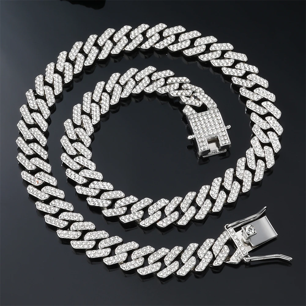 Цепь мужская из кубинской цепи с фианитами 12 мм 2 ряда