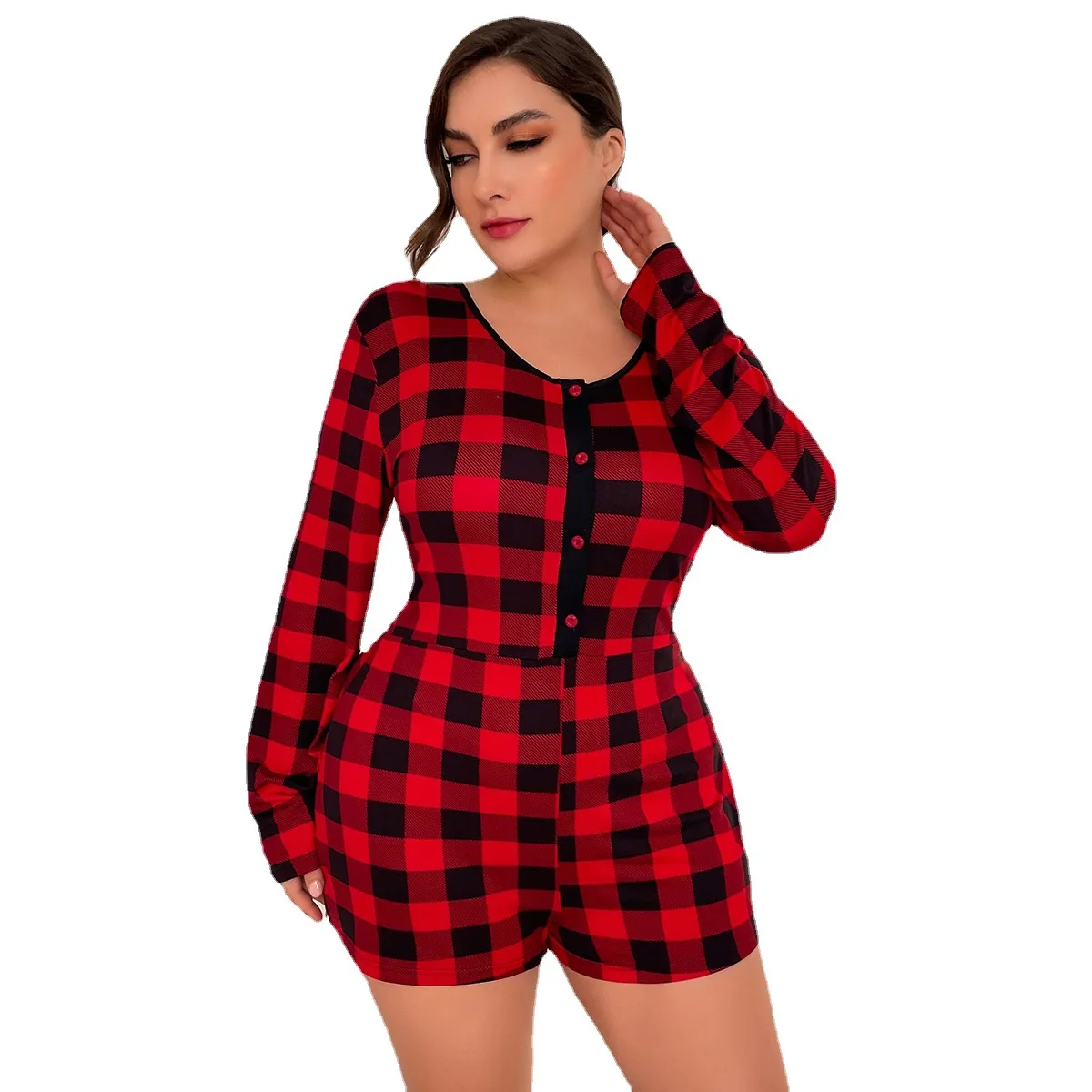 Pajamas Onesie Women Single-Breasted Plaid Long-Sleeve Jumpsuit Pajama  Short Onesie Womens Sleepwear Romper Woman Bodysuit Pj