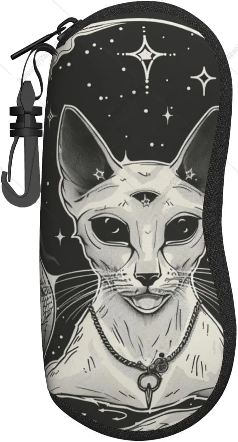 Фото Черный чехол для солнцезащитных очков Cat Occult Symbols Full Moon и Stars для мужчин и женщин, мягкий ультралегкий неопреновый чехол для очков на молнии №1