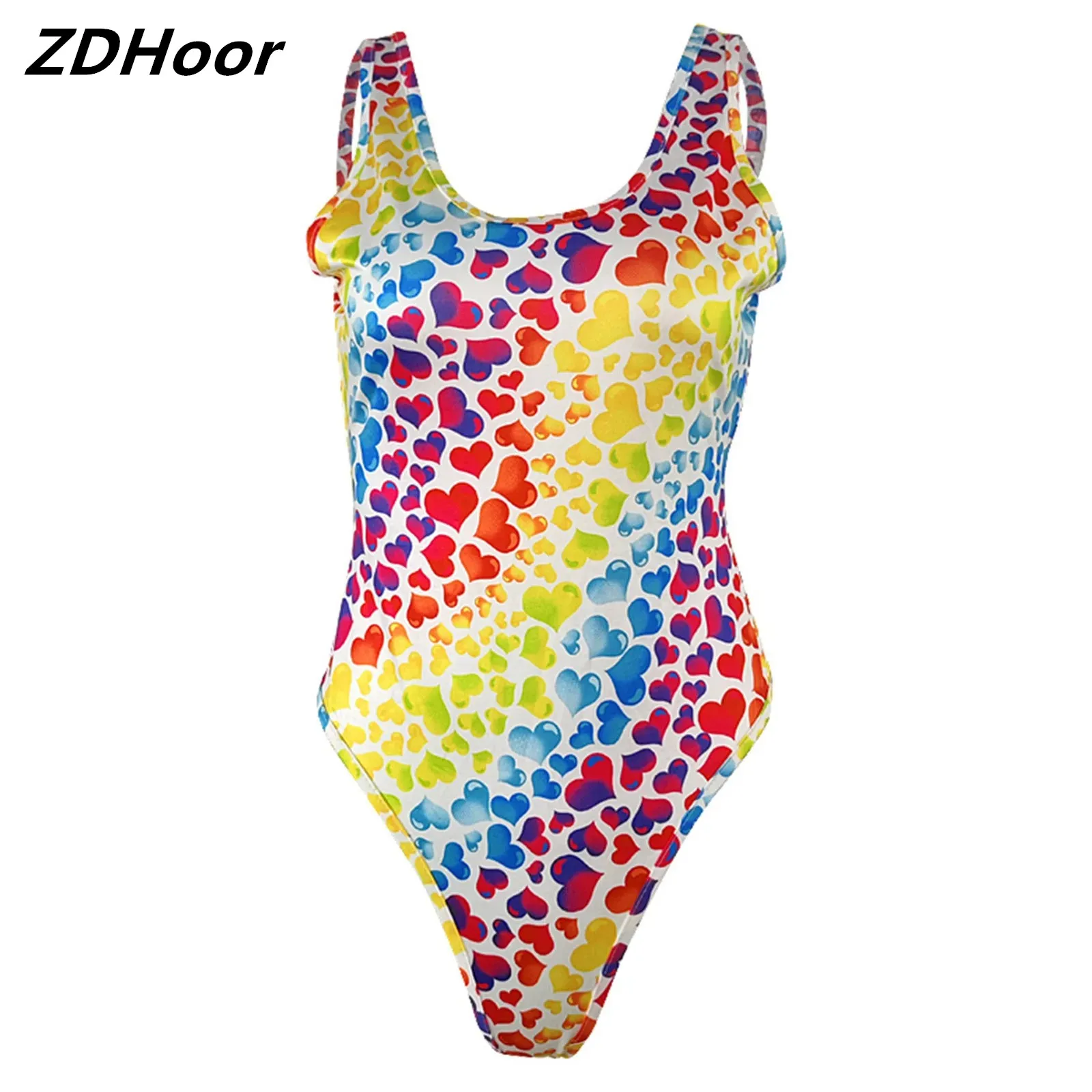 

Women's Swimsuit One-piece Scoop Neck Sleeveless Open Back Colorful Hearts Print Jumpsuit Surfing Bathing Beach Swimwear