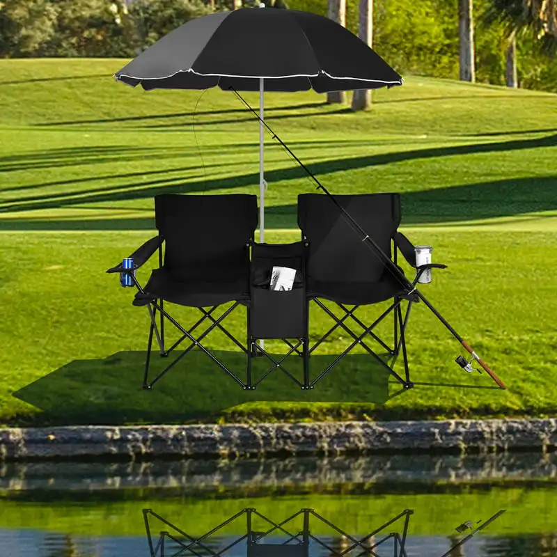 

Folding Picnic Double Chair W/Umbrella Table Cooler Beach Camping Black Gaming chair Camping chair Foldable chair Ultralight cam