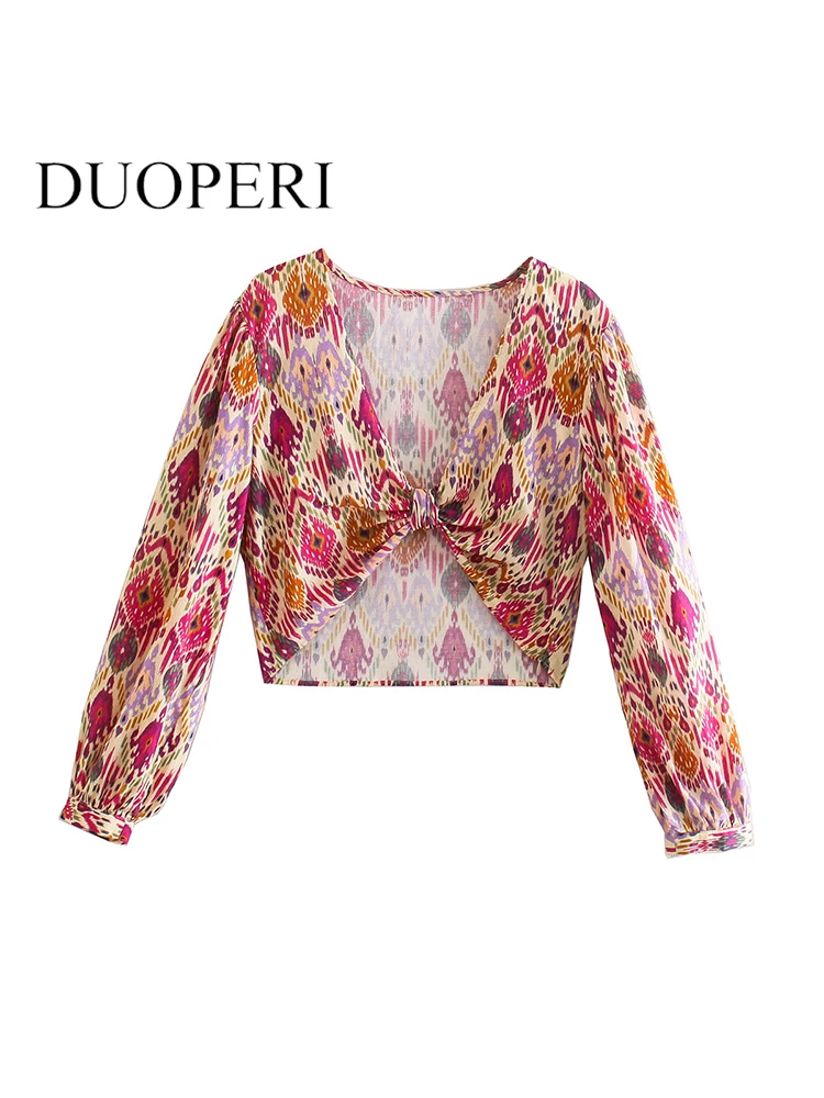 

DUOPERI Women Fashion With Knot Printed Side Zipper Cropped Blouse Vintage V-Neck Long Sleeves Female Chic Lady Shirts