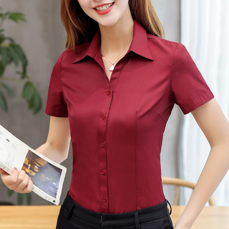 Хлопковая женская рубашка, однотонная офисная блузка с коротким рукавом, рубашка на пуговицах, женские блузы, элегантные женские топы и блу... фото