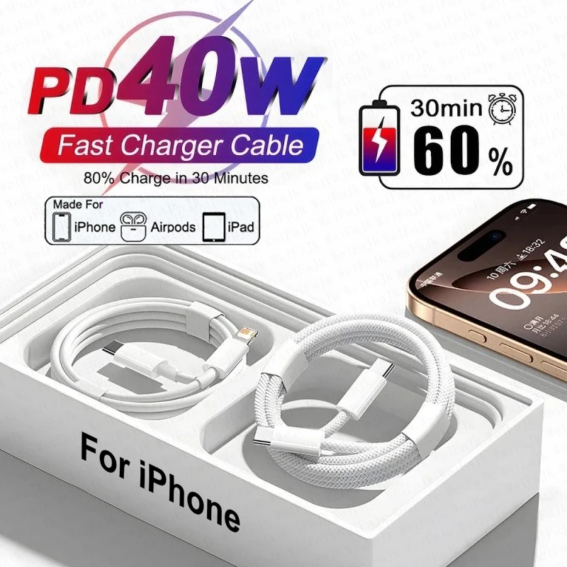 Фото Apple Оригинальный кабель для быстрой зарядки PD 40 Вт для iPhone 11 12 13 14 Pro Max X XS XR 8 Plus USB-кабель для зарядки молнии типа C №1