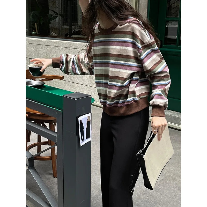 

3141 Striped Sweatshirts Women Autumn O-Neck Long Sleeves Vintage Versatile Fashion Casual Simple Loose Female Pullovers Top New