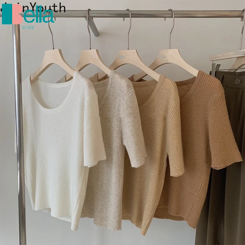 

Женская Винтажная футболка с коротким рукавом, Свободная трикотажная футболка в Корейском стиле, лето 2023