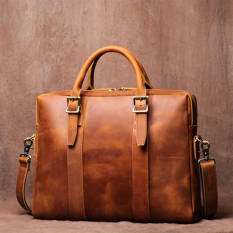 Men's Handbag Vintage Crazy Horse Leather Briefcase Computer Bag Business Office Messenger Bag 15