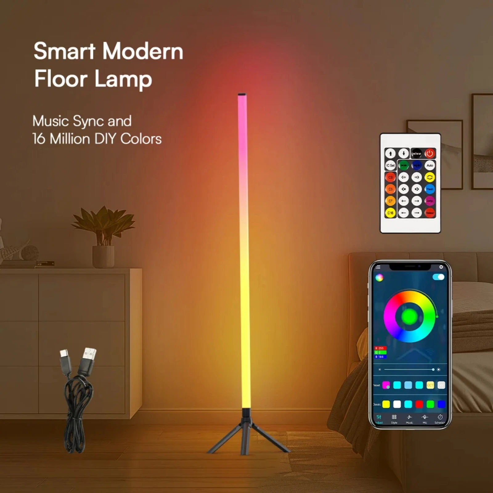 Фото 360 °   Торшер с регулируемой яркостью, 103 см, RGB USB-подсветка для игр, гостиной, спальни, угловой светильник с приложением Bluetooth и пультом дистанционного управления №5