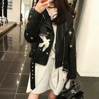Leather Jacket Women's 2022 Spring And Autumn Short Motorcycle Top Embroidery Ladies Black