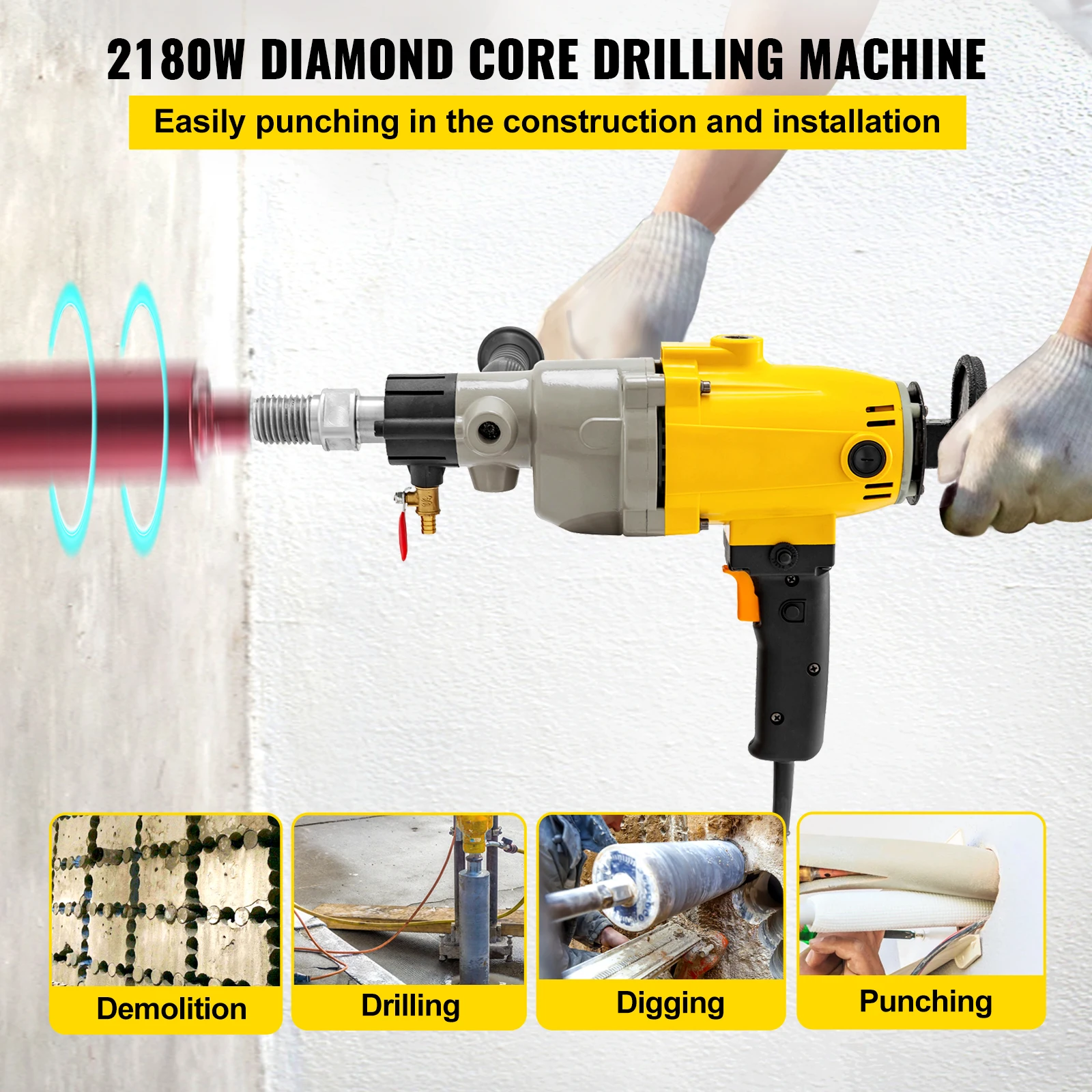 

VEVOR Handheld Diamond Core Drill Rig Concrete 1880W 2180W 110mm 130mm 160mm 180mm Wet/Dry Electric Stepless Speed Drilling Tool