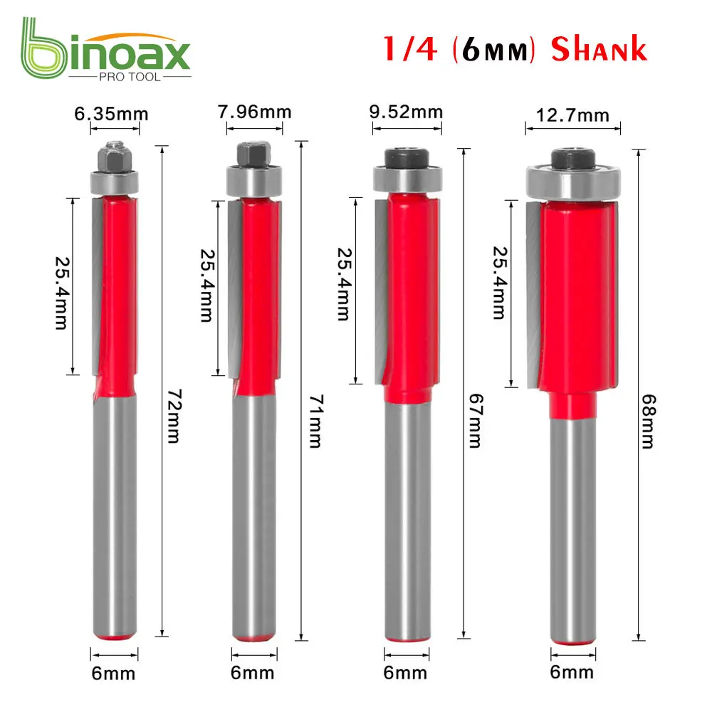 

Binoax 4 шт. НАБОР КОНЦЕВЫХ ФРЕЗ 6,35/7,96/9,52/12,7 мм Фреза Концевая кромка подшипника 6 мм (1/4 дюйма) хвостовик