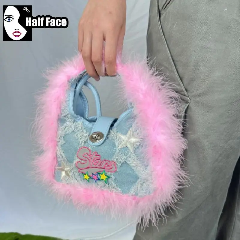 Y2K девушки Харадзюку Готическая женская розовая плюшевая Джинсовая сумочка в
