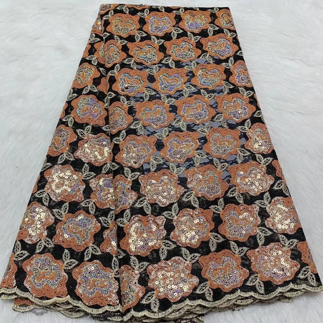 

2022 Latest Design French Net Lace Embroidery Sequined African lace Fabric For Women Dress 5 Yards