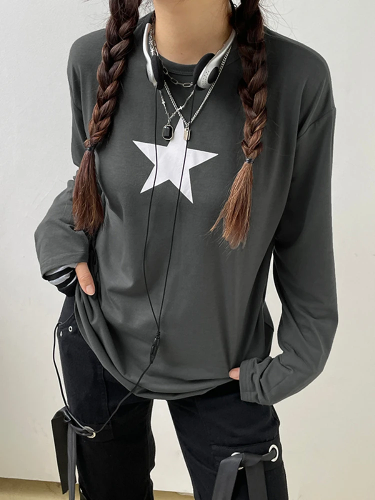 

Повседневная Свободная одежда Y2k, футболки с длинным рукавом и круглым вырезом с принтом звезд, на весну и осень, винтажные женские футболки ...