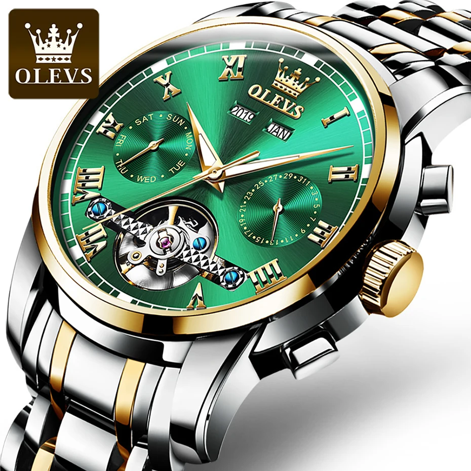 

Automatic Mechanical Watches Luxury Brand Green Dial Hollow Water Sports Waterproof Watch Calendar Relogio Masculino Wristwatch