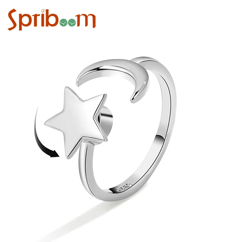 

Star Moon Rotation Ring for Women Silver Color Fashion Anxiety Rings Opening Adjustable Female Jewelry Students Friendship Gifts