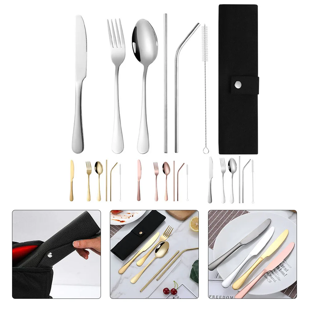 

7pcs/Set Outdoor Tableware Stainless Steel Travel Cutlery Kits W/ Straw Boba Straw Leather Pouch Spoon Fork Knife Straw Cleaner