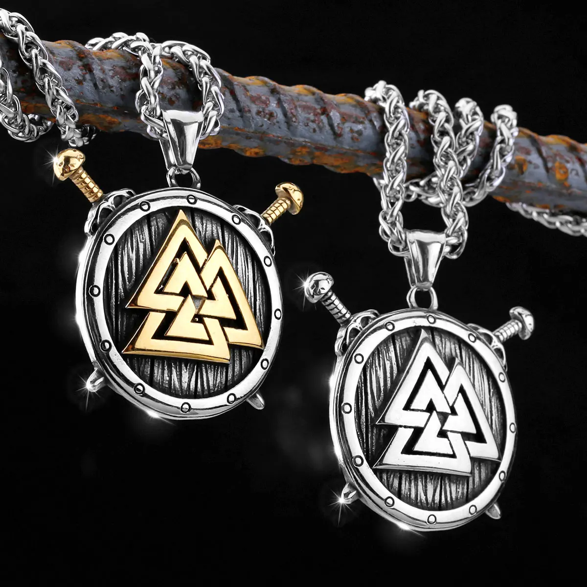 

316L Stainless Steel Viking Valknut Sword Shield Necklace Men's Fashion Rune amulet Pendant Necklace Vintage Nordic Jewelry Gift