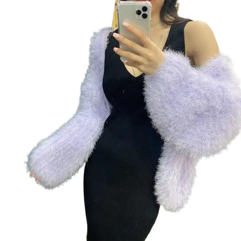 

V-neck Furry Knit Cardigan Sweater Loose Mohair Crochet Plush Jacket Faux Fur Velvet Lantern Sleeve Top Sweater Jacket