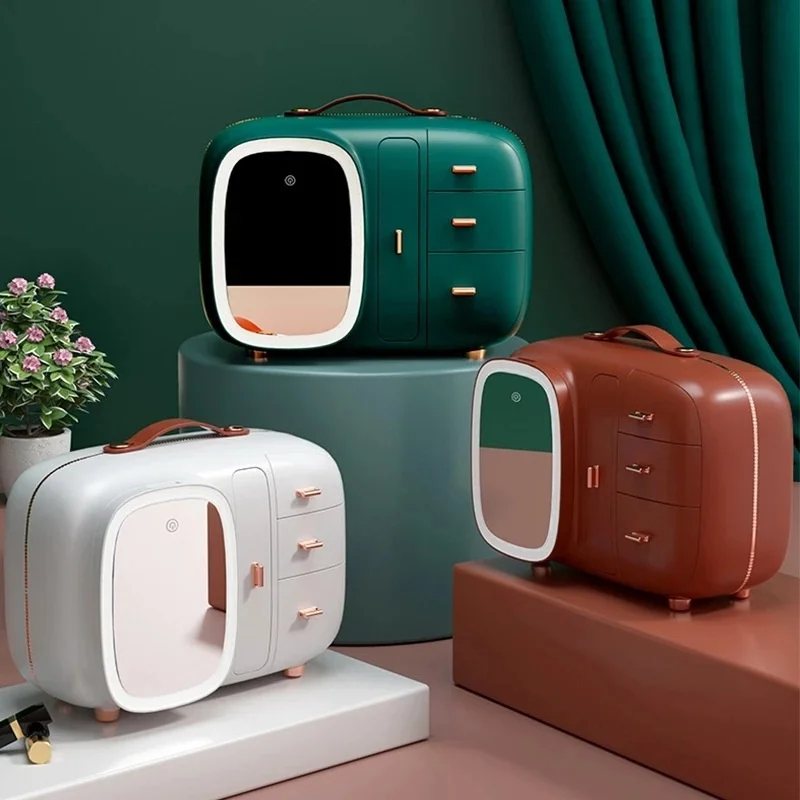 

Light Luxury Makeup Boxes Cosmetic Bag Toiletries Jewelry Box Led Mirror Organizer Bathroom Storage Home Office Desktop Makup