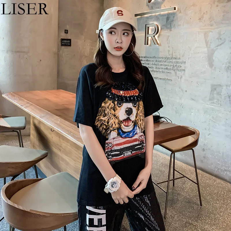 

Fashion Cartoon Printing Sequin Stitching Short-Sleeved T-Shirt Women'S 2022 Summer New Casual All-Match Black Top LL954