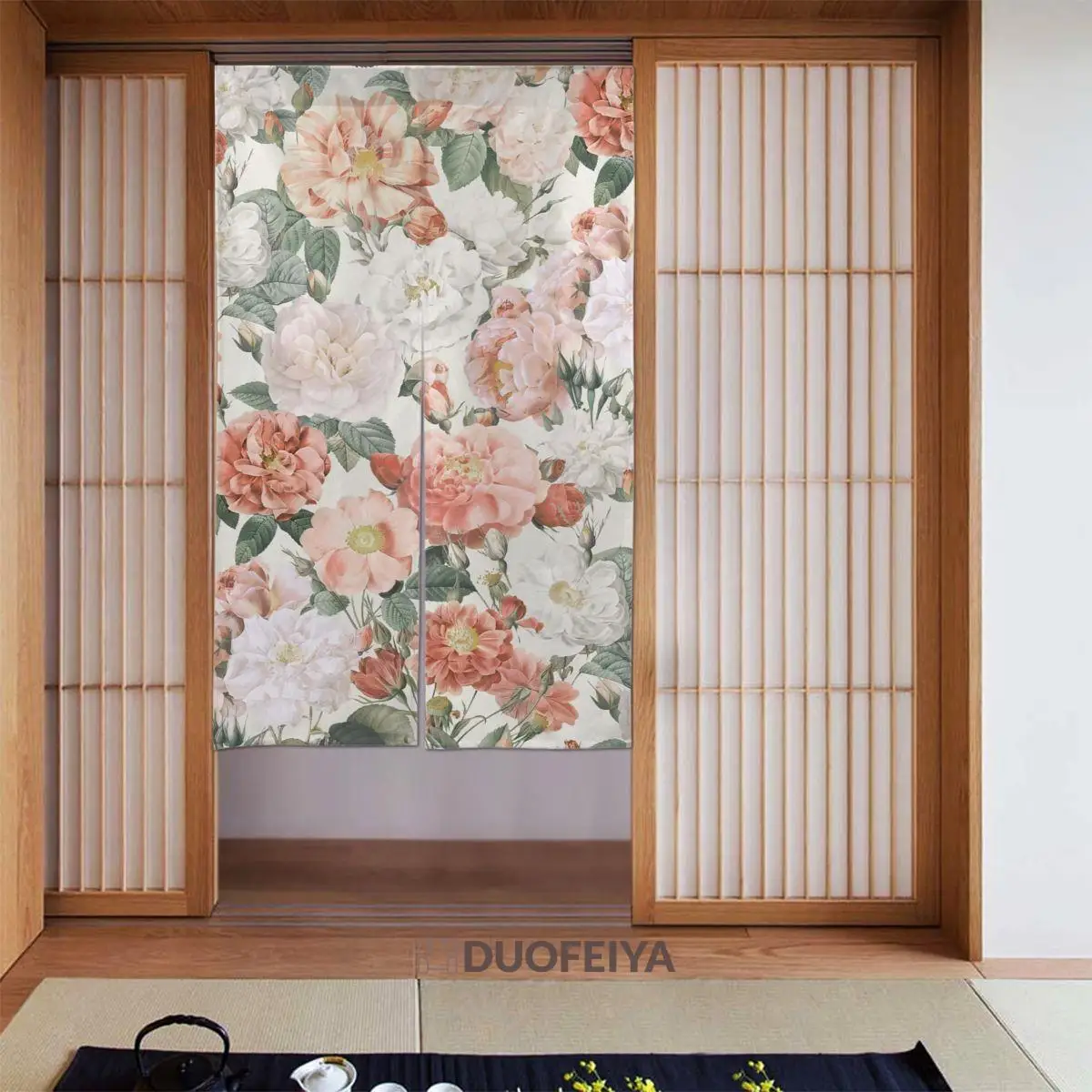 

Pink Floral Japanese Door Curtain Girly Flower Pattern Separate Tapestry Cotton Linen Hanging Half Curtain for Home Toilet Decor