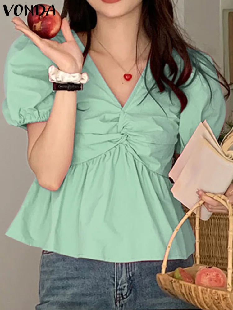 

VONDA Women Elegant Shirts Office Blouse 2023 Summer Fashion Puff Sleeve Sexy V Neck Tops Casual Short Sleeve Blusas Femininas