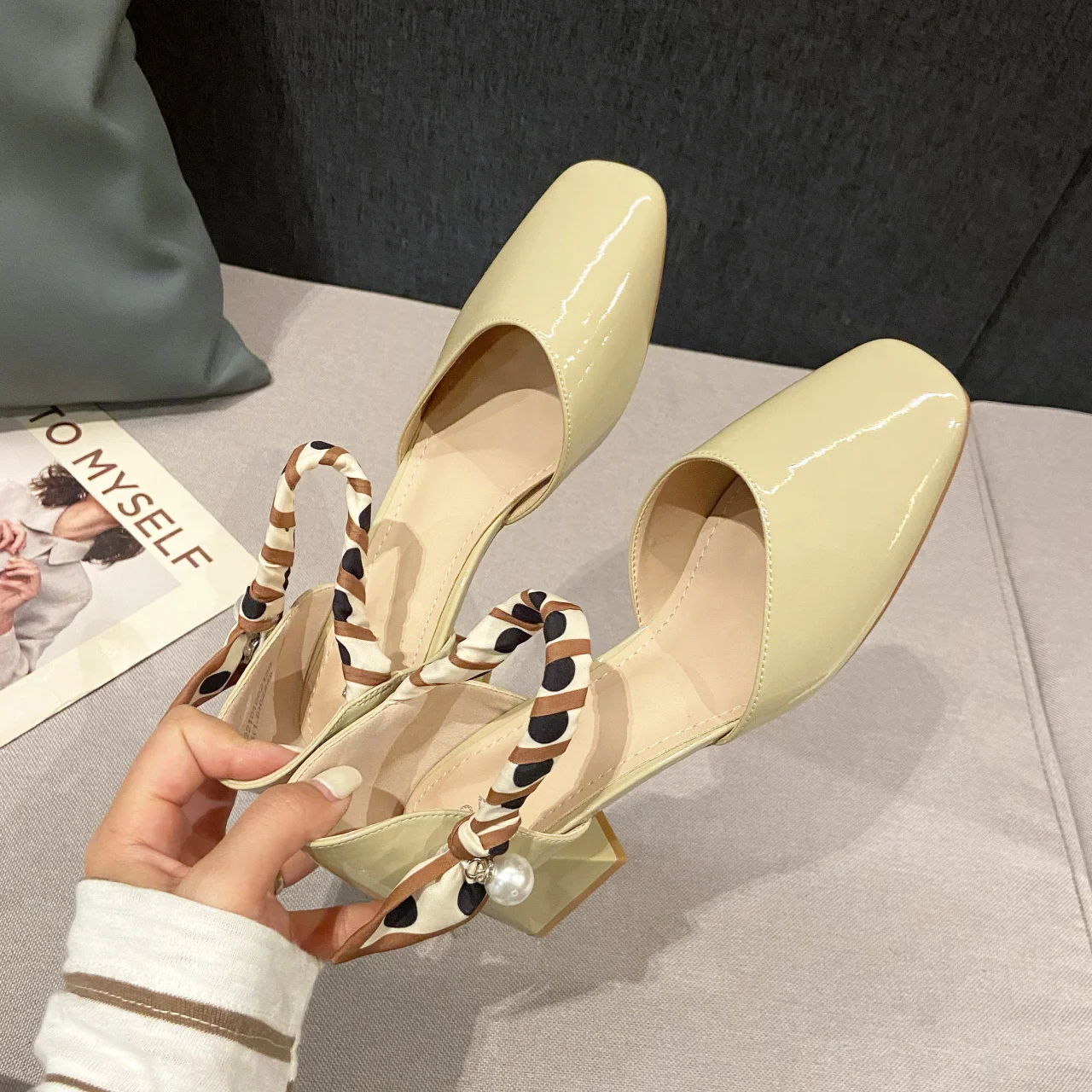 

Women's Shoes Sandals Ribbon Spring/Summer 2022 Square Toe Buckle Square Heel Middle Heel Shoes