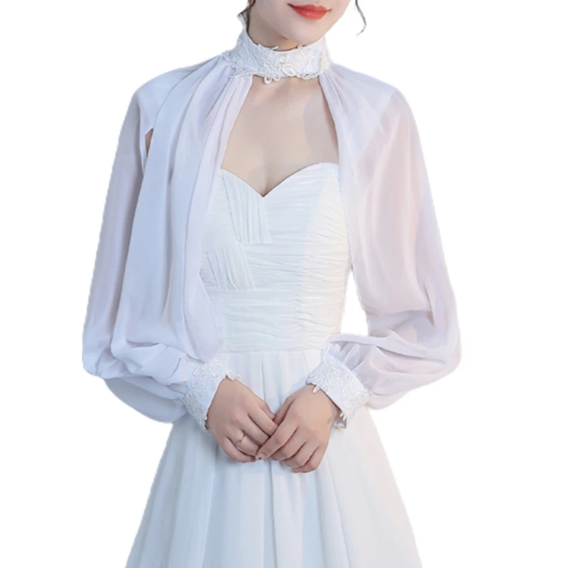 

Women Elegant Side Split Long Sleeve Wedding Shawl Cape Halter Neck Chiffon Shrug Capelet Open Front Backless Floral Lace Bridal