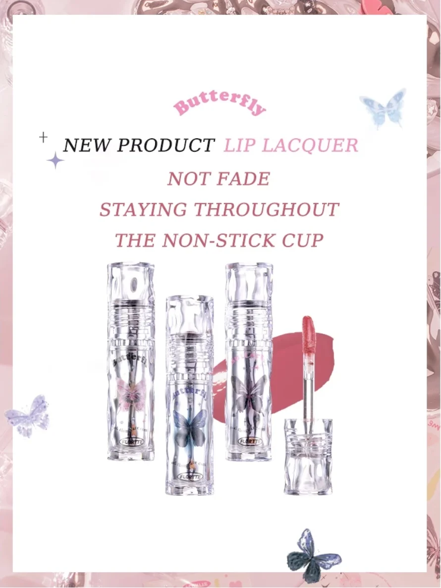 FLORTTE BUTTERFLY HELLO BEAUTY Girl's World LIP LACQUER NON-STICK CUP Оттенок для губ HD Высокие цветные помады