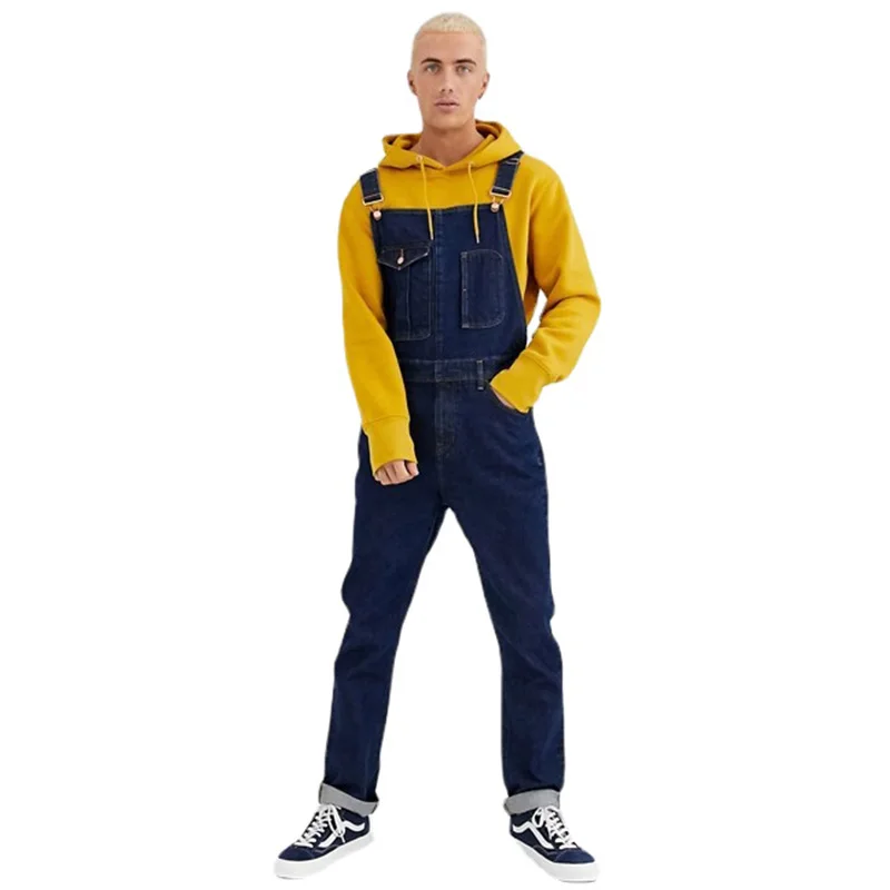Men Jeans Solid Color Bib Suspenders Jumpsuit Male Overalls Full Length Denim Pants Fashion Mameluco Hombre Trabajo