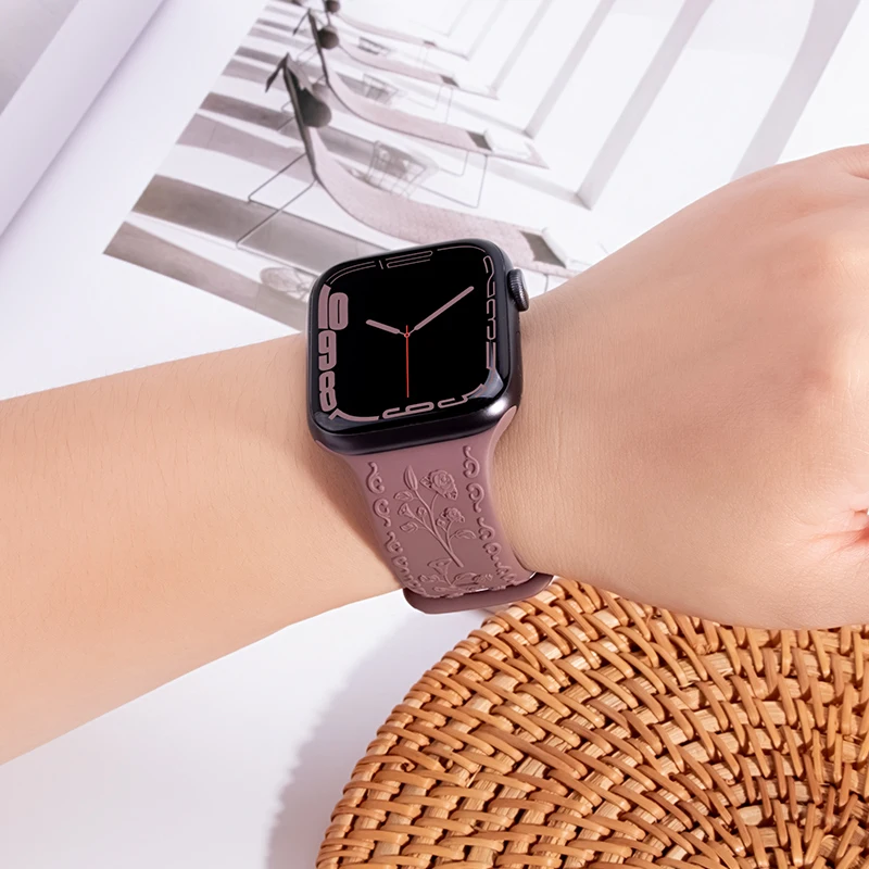Фото Ремешки с цветочной гравировкой для Apple Watch, ремешок 44 мм, 40 мм, 49 мм, 41 мм, 45 мм, 38 мм, 42 мм, 46 мм, браслет iwatch series 10, 8 9 7 3 ultra 2 se №5