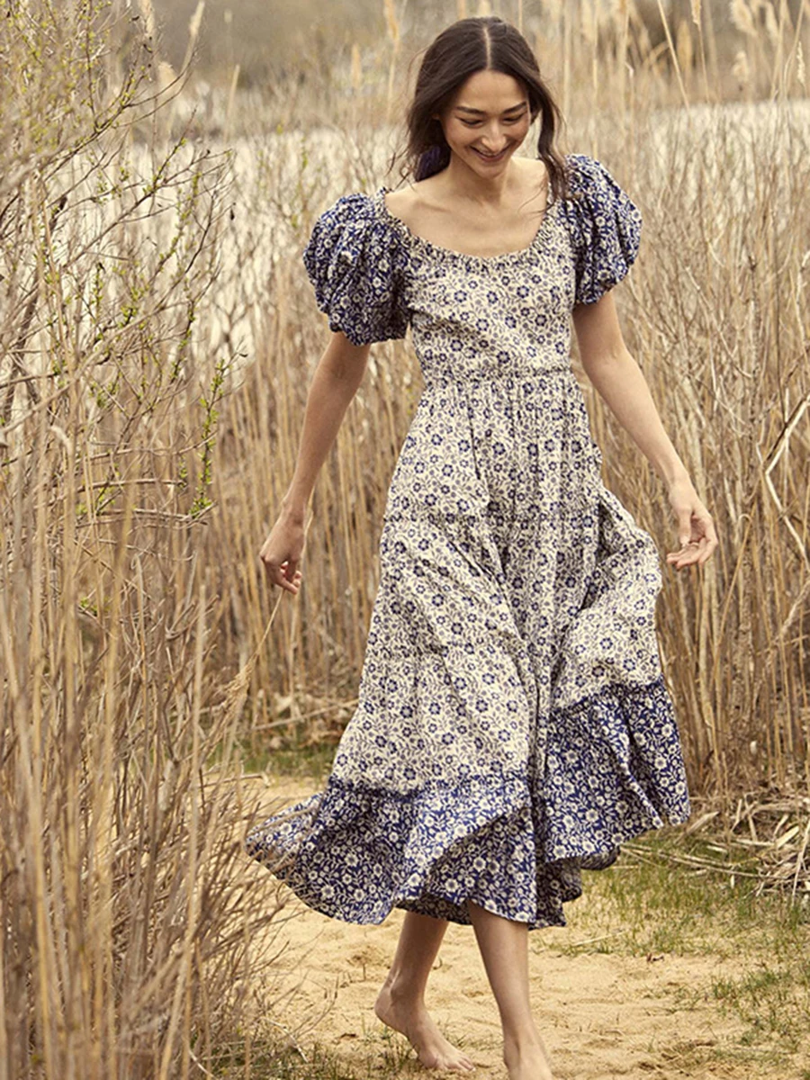 

Floral Print Midi Dress Summer Women Short Puff Sleeve Round Neck Loose Long Robes Holiday Female Elegant Vintage Long Dresses