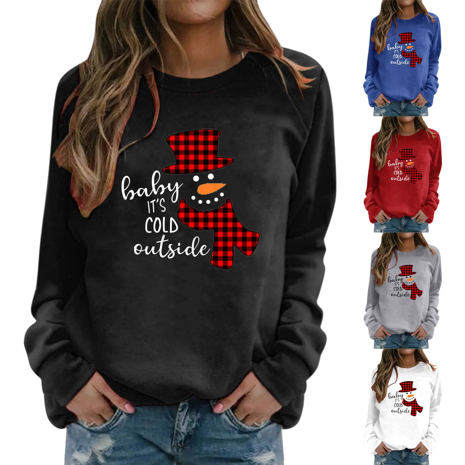 

Womens Christmas Print Round Neck Sweater Long Sleeve Top Pullover Sweater Blouses Women