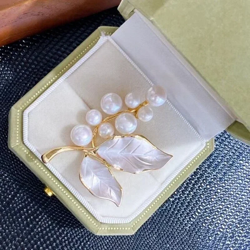 Женская Брошь в виде листьев из натурального пресноводного жемчуга