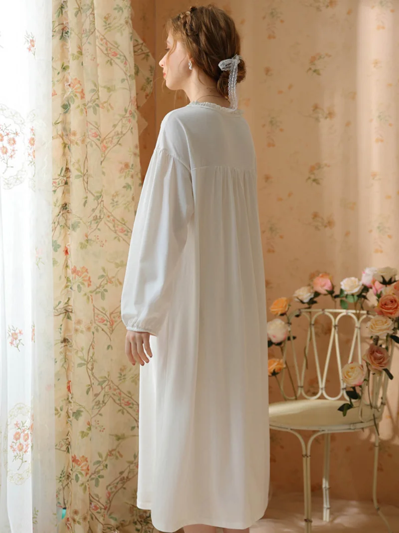 Women's Spring Autumn Cotton Fairy Long Sleeve V-Neck Princess Nightdress Vintage Pajamas Sweet Loose Victorian Dress 2023 New