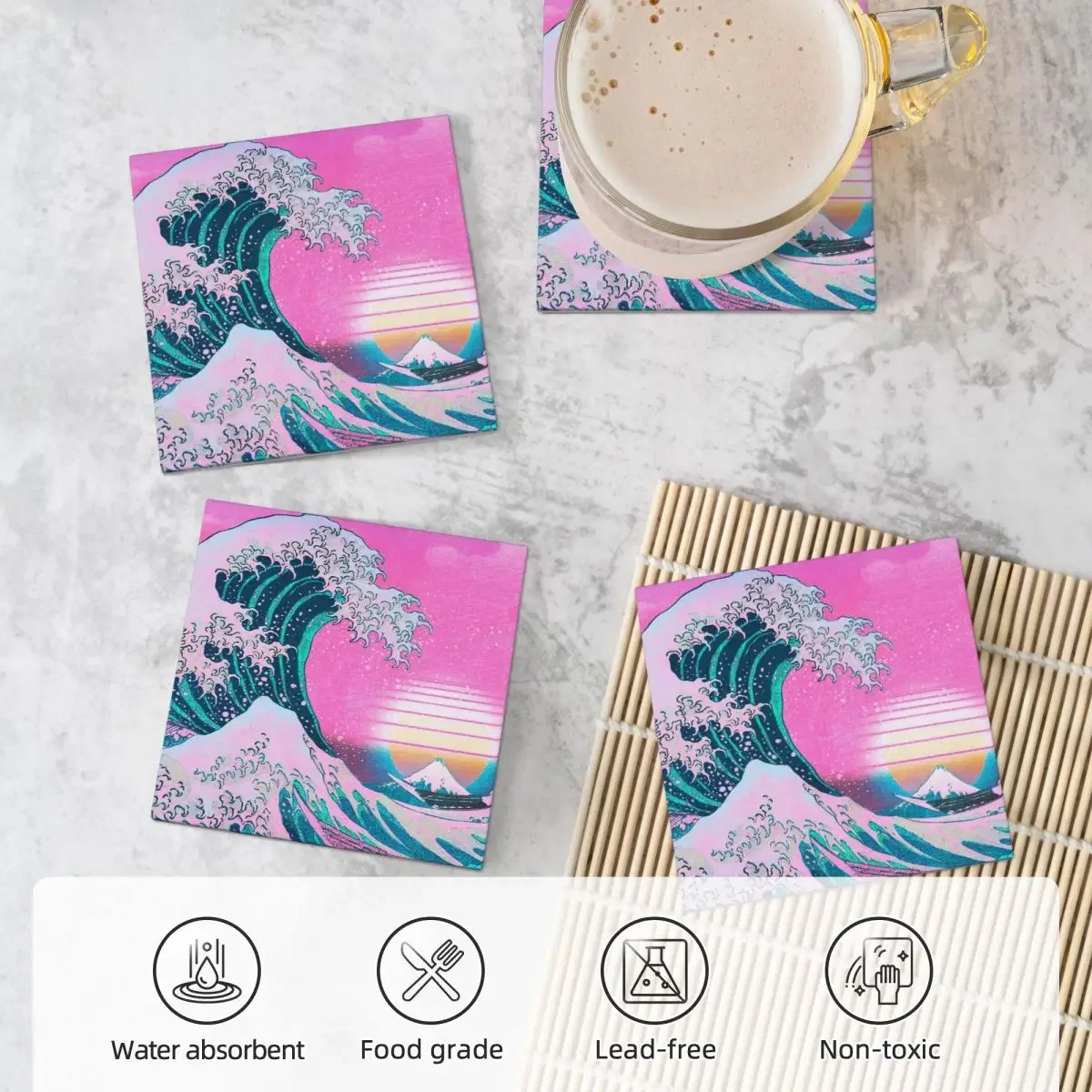 Эстетика Vaporwave Great Wave Off Kanagawa Ретро Закат подставка керамический термостойкий