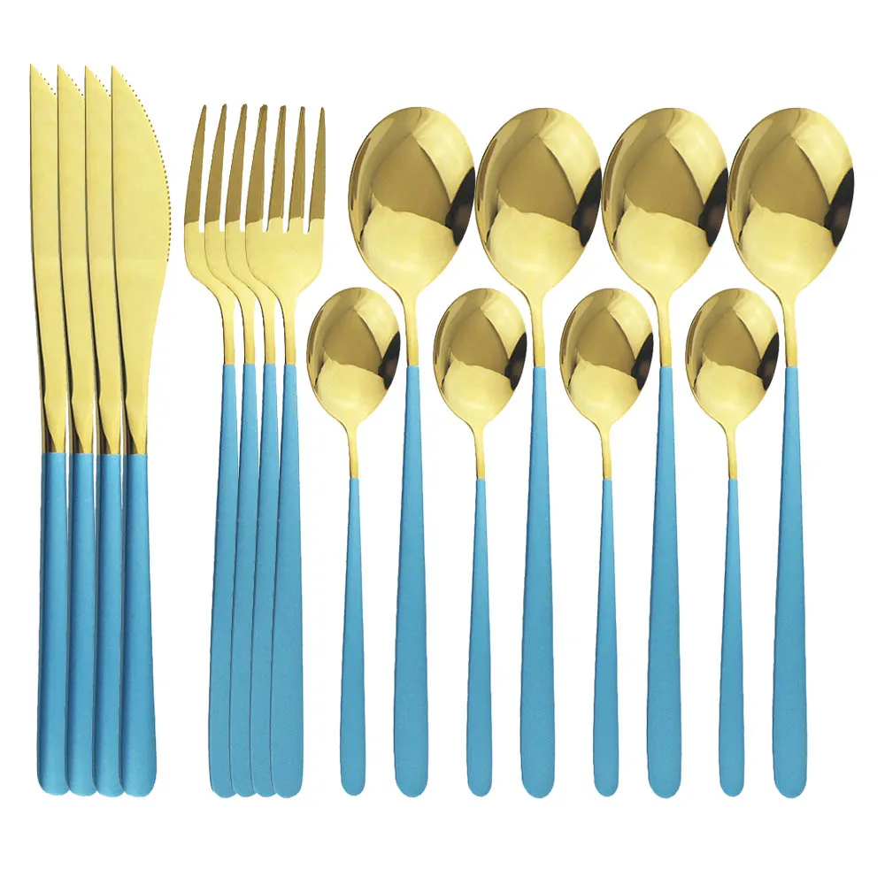 

Gold Tableware Kitchen Silverware Mirror Colorful Flatware Set 16Pcs Blue Gold Cutlery Set Stainless Steel Dinnerware Set