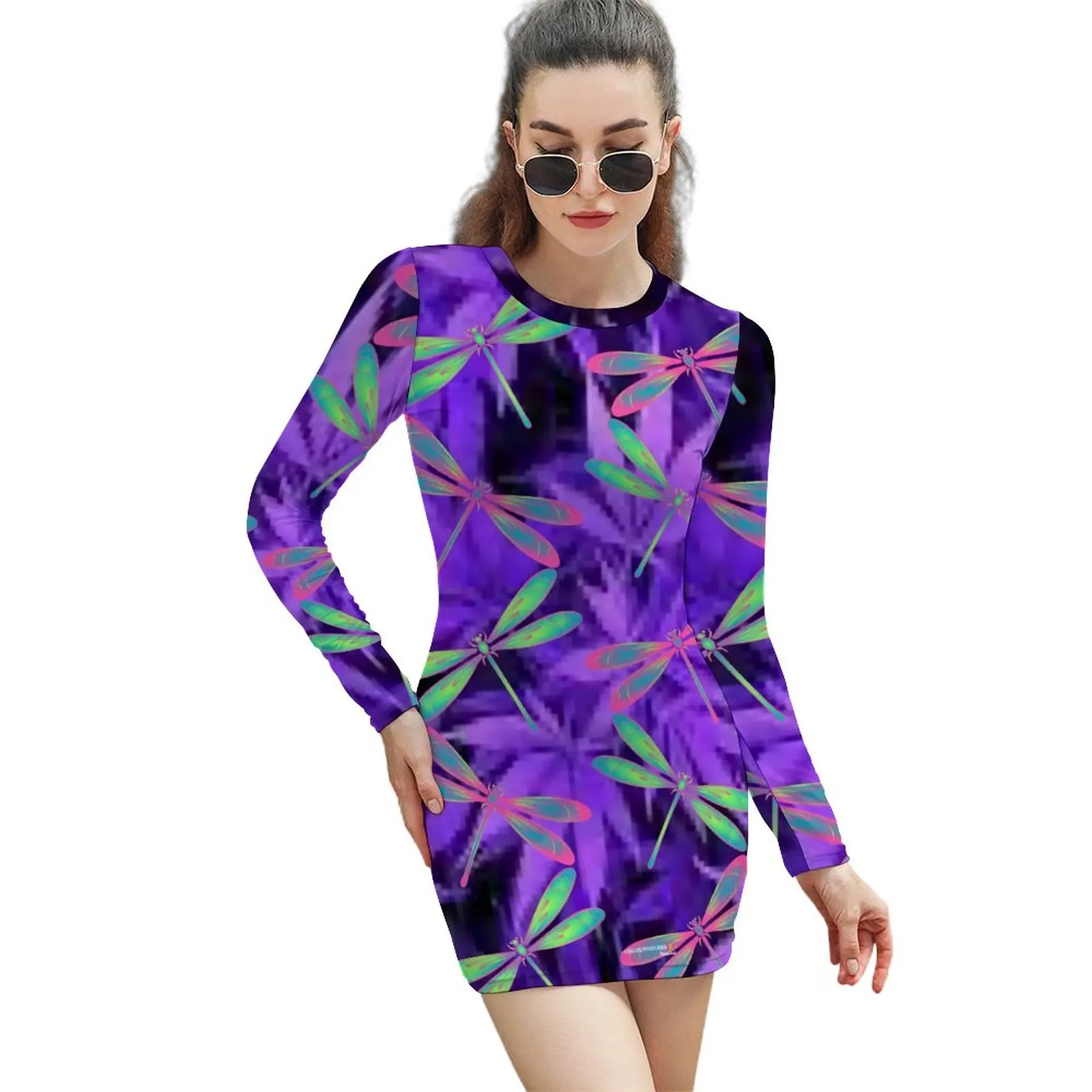 

Dragonfly Print Bodycon Dress Woman Colorful Animal Night Club Dresses Autumn Long Sleeve Street Fashion Custom Dress Big Size
