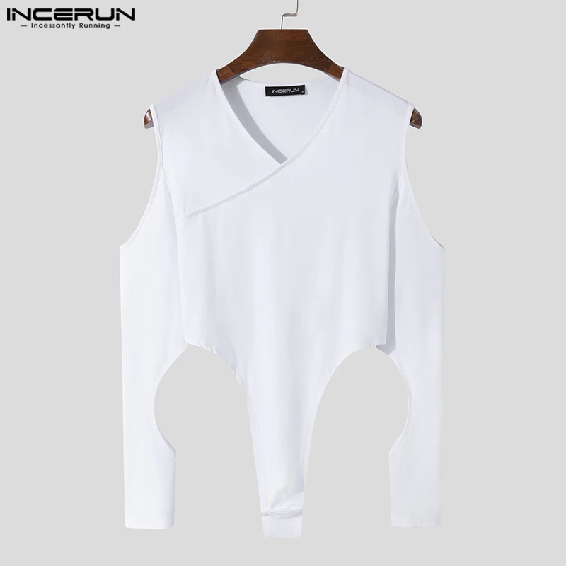 INCERUN Men Bodysuits Hollow Out Solid Color V Neck Long Sleeve Sexy Men Rompers Pajamas 2023 Fitness Fashion Bodysuits S-5XL
