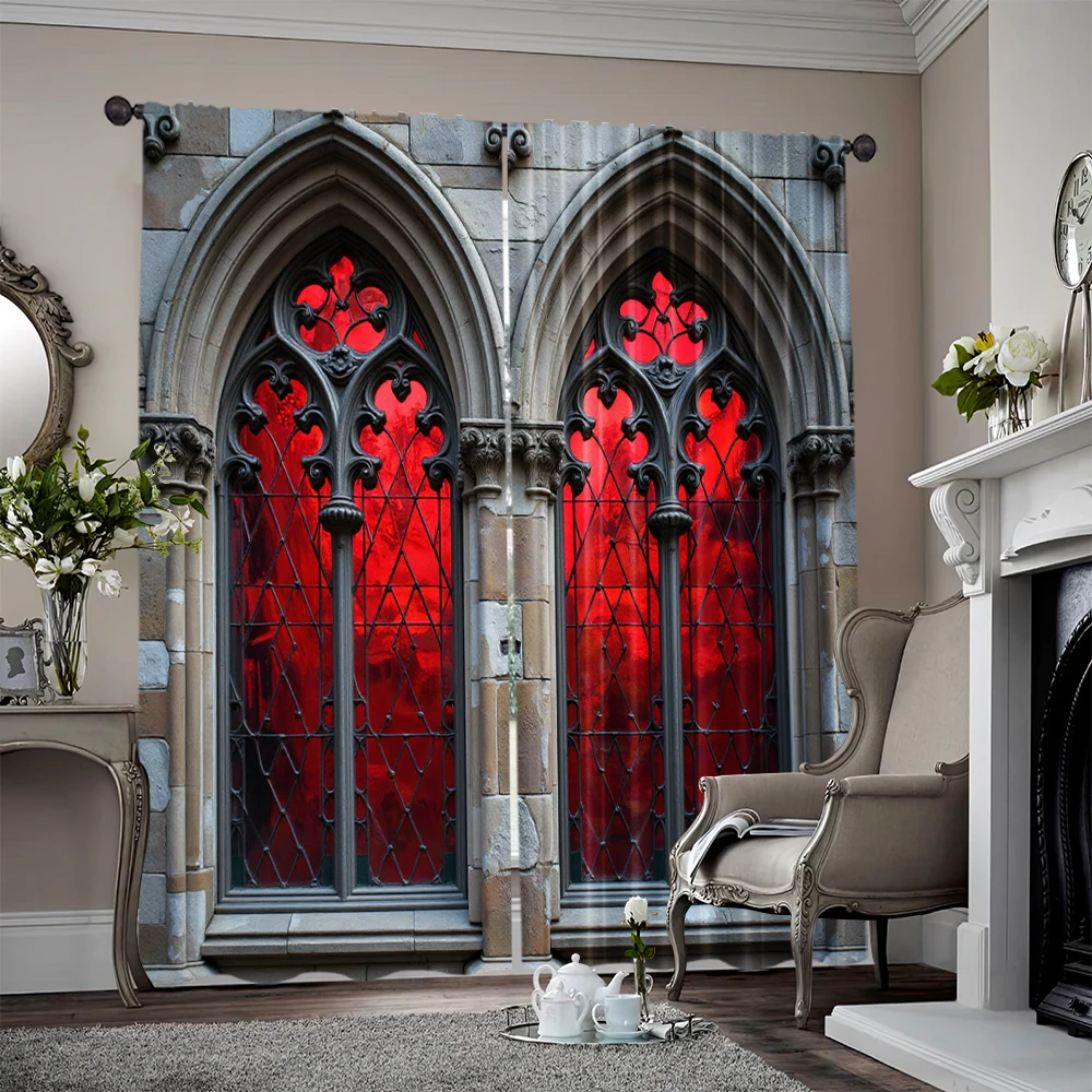 

2 шт., 2D плоские шторы с принтом, готический замок, универсальный полиэстер, без электричества, праздничные украшения, подходящие для вечеринки