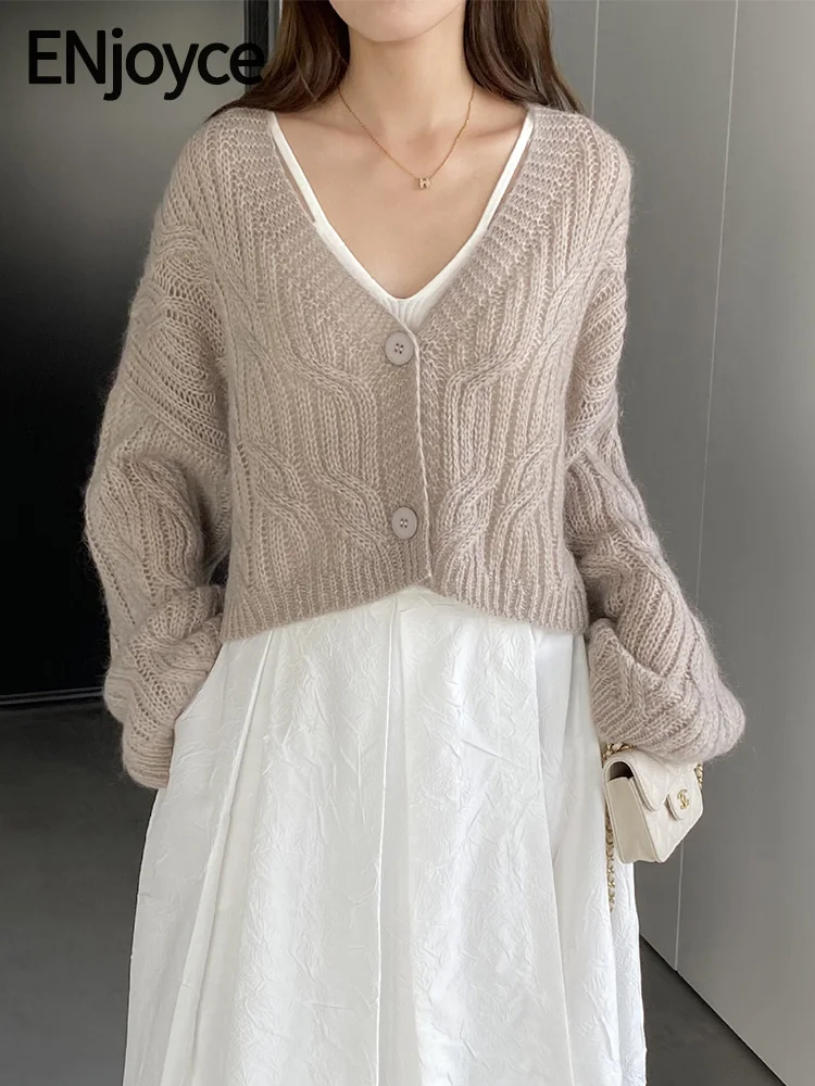 

ENjoyce 2023 Autumn Women Korean Fashion Design Mohair Knitted Cardigan Sweater Cropped Tops Streetwear Softy Warm Knitwear