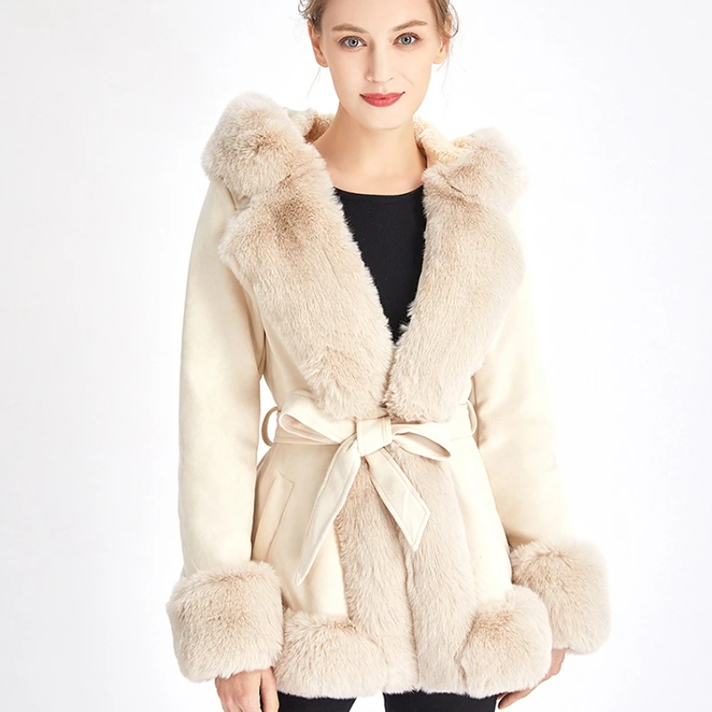 

Зимнее женское пальто 2022 замшевое черное пальто из искусственного меха с поясом плотный теплый меховой кардиган куртки из искусственного м...