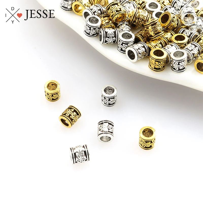 

50pcs Flower Pattern Tube Spacer Bead Charm Hole Size 2.8MM Antique Gold/Silver Color Loose Bead fit Bracelet Jewelry Accessorie