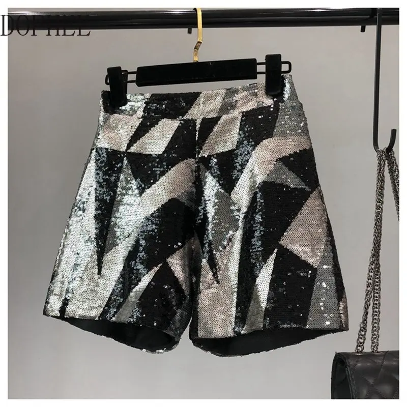 

2023 New Spring Blingbling Geometry Sequins Wide Leg Shorts All-match Zip High Waist Streetwear Trendy Women Short Pants