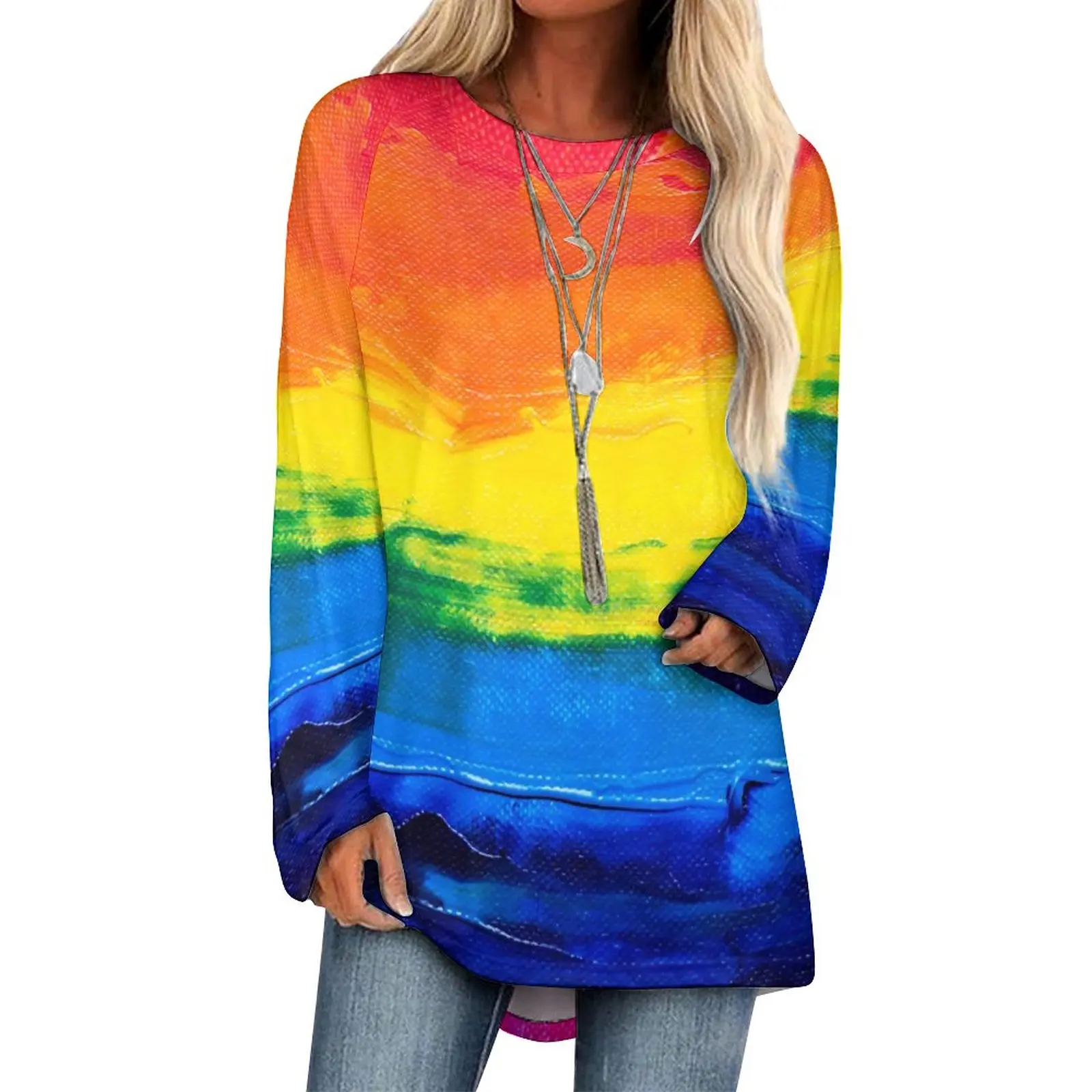

Rainbow Brush Print T-Shirt Modern Art Funny Long Sleeve T Shirts Classic Oversized Tees Womens Graphic Clothes Birthday Gift
