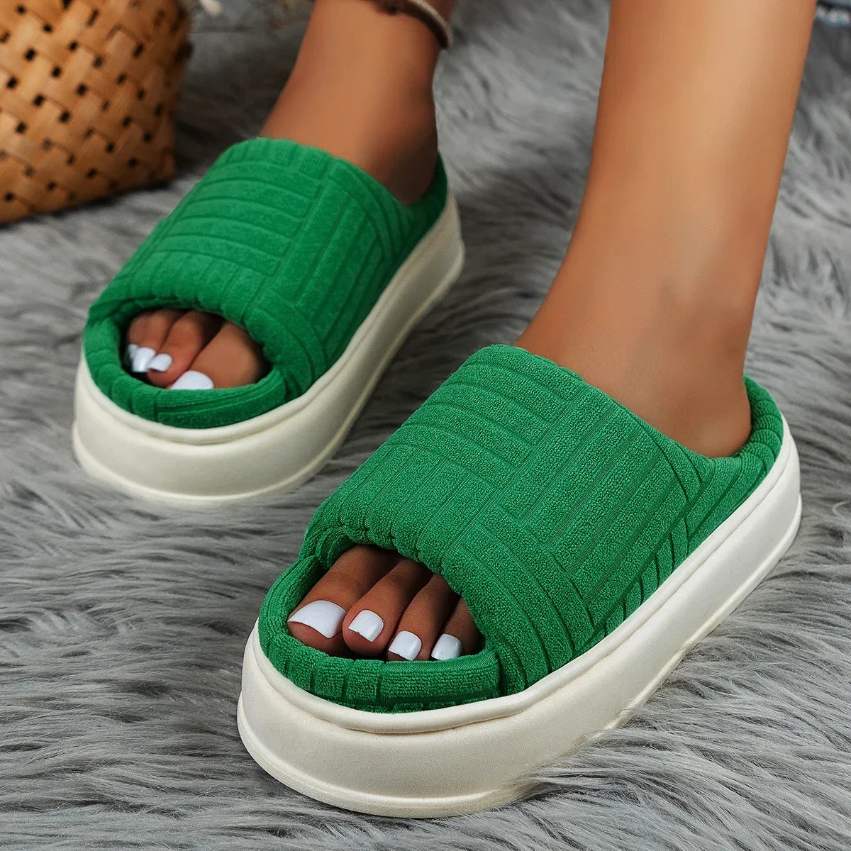 

New Large Towel Slippers for Women Solid Color Warm Cotton with Thick Soles for Wearing Towels Outside Home