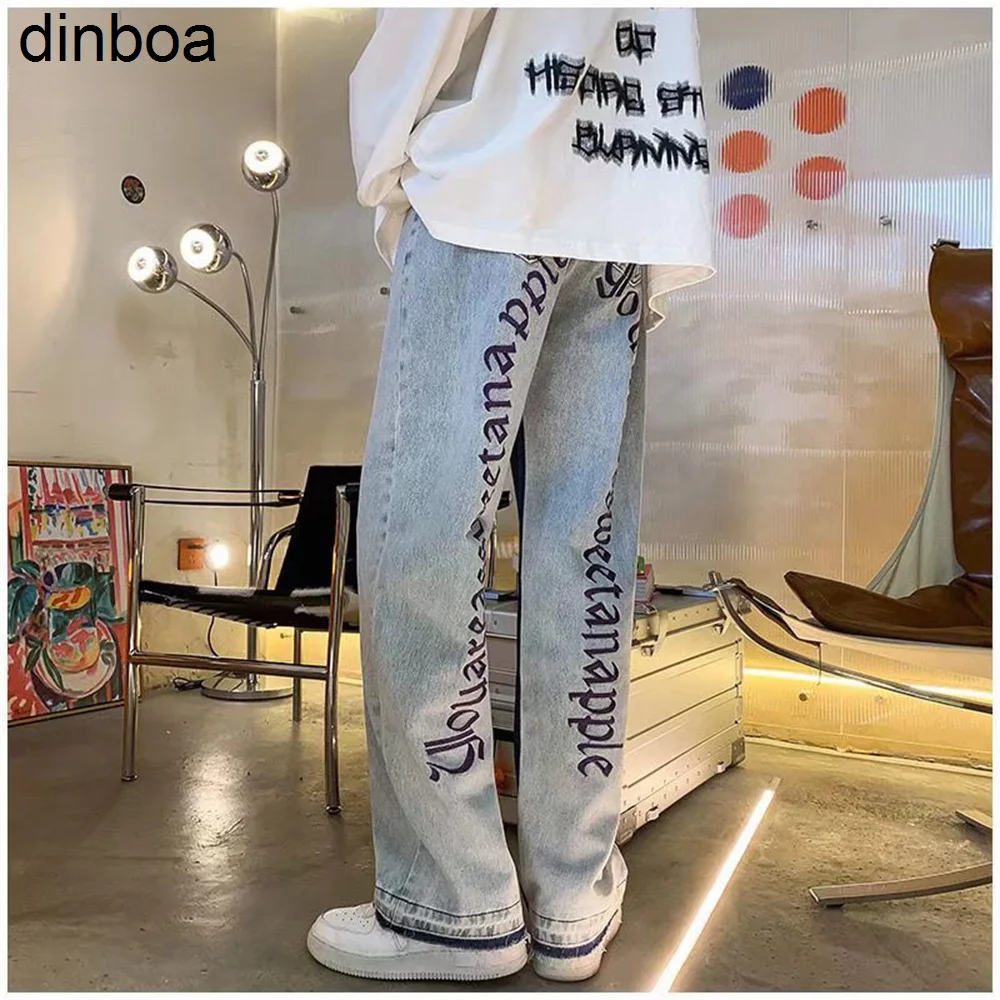 

Retro Pockets Y2k Letter Embroidery Ripped Casual Jeans Men Straight Wide Leg Pant Women Harajuku Jeans Streetwear Denimtrousers